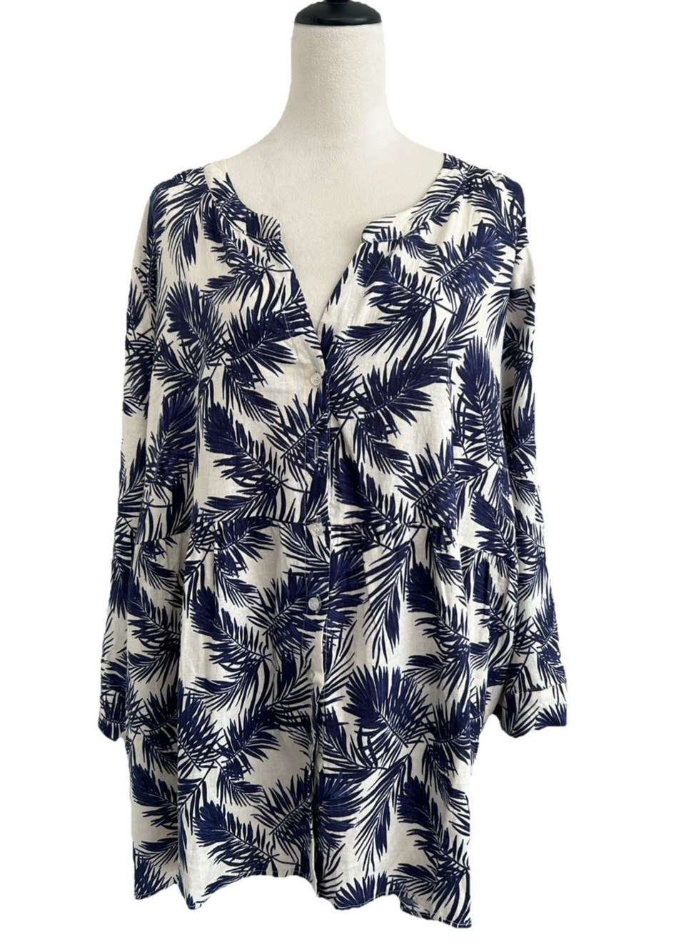 Jones & Co Linen Blend Blouse Top Women 3X 3/4 Sleeves Blue Cream Resortwear
